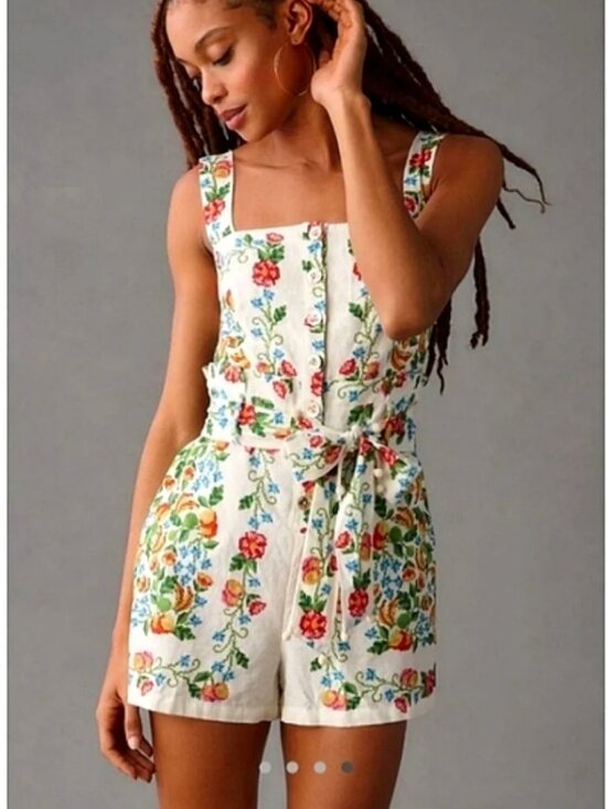 Farm Rio Pants - Farm Rio Off-White Tropical Romance Romper Medium NWTs